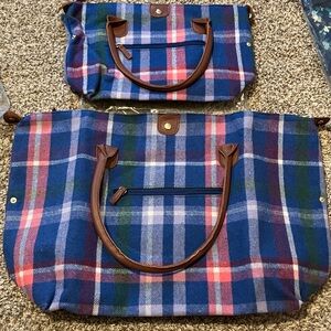 Woman Within Blue and Brown Plaid Tote Set